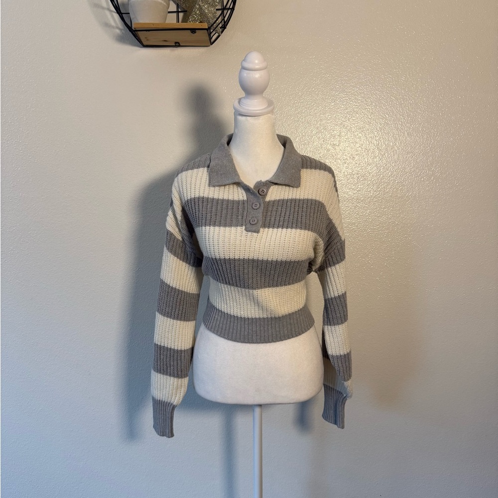 Grey and white striped knit cropped sweater
